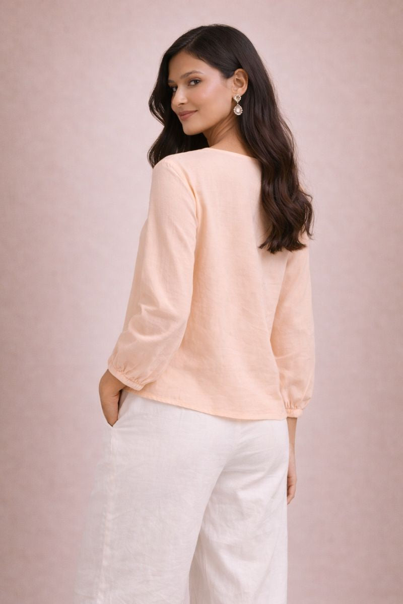 Women’s Peach Fancy Cotton Top with Floral Print and V-Neck Design D19