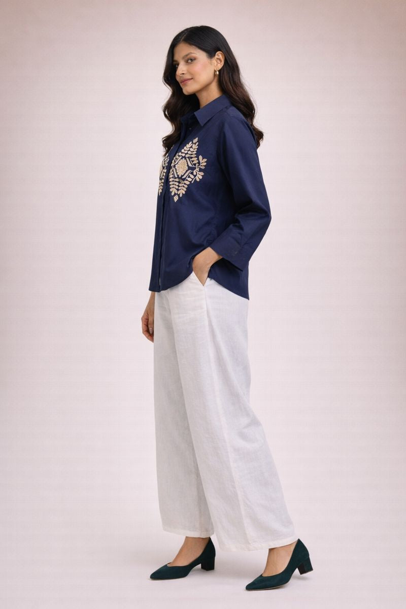 Navy Blue Embroidered Fancy Shirt with Floral Motifs D33