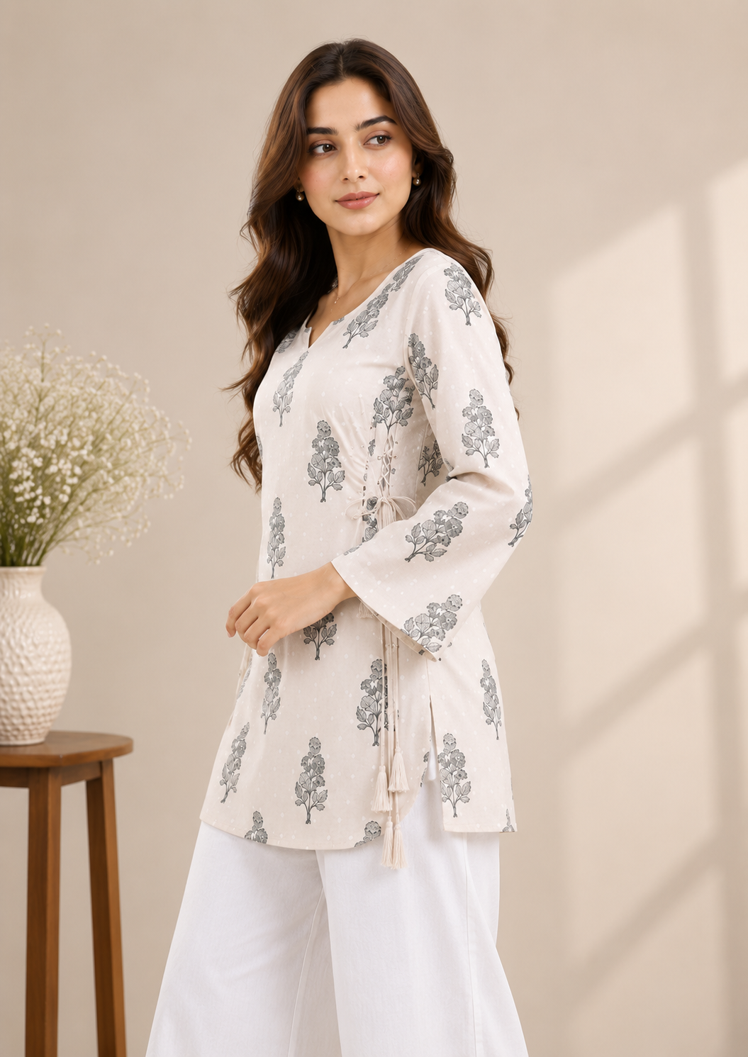 Women's Floral Print Side Tie Casual Top D78