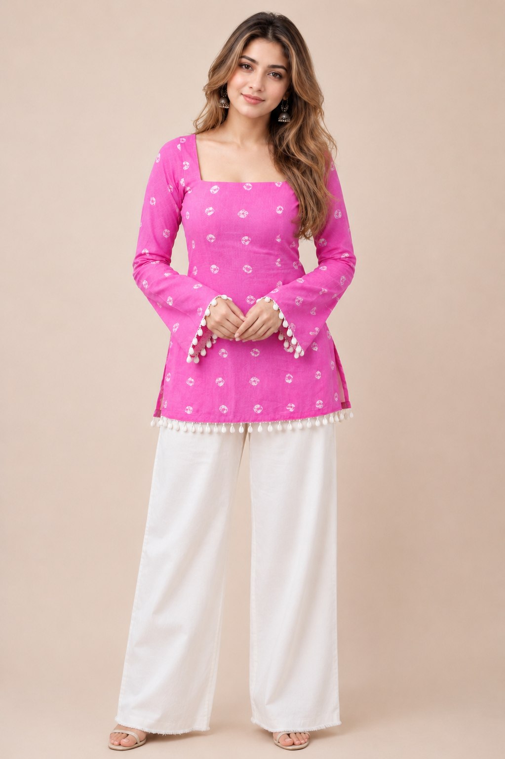 Women's Festive Pink Ethnic Kurti with White Print D77