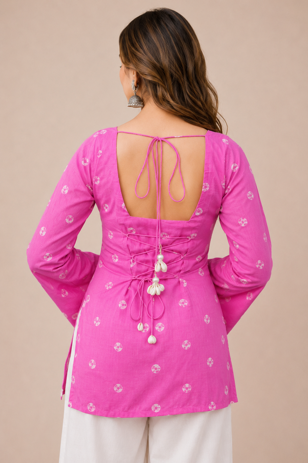 Women's Festive Pink Ethnic Kurti with White Print D77