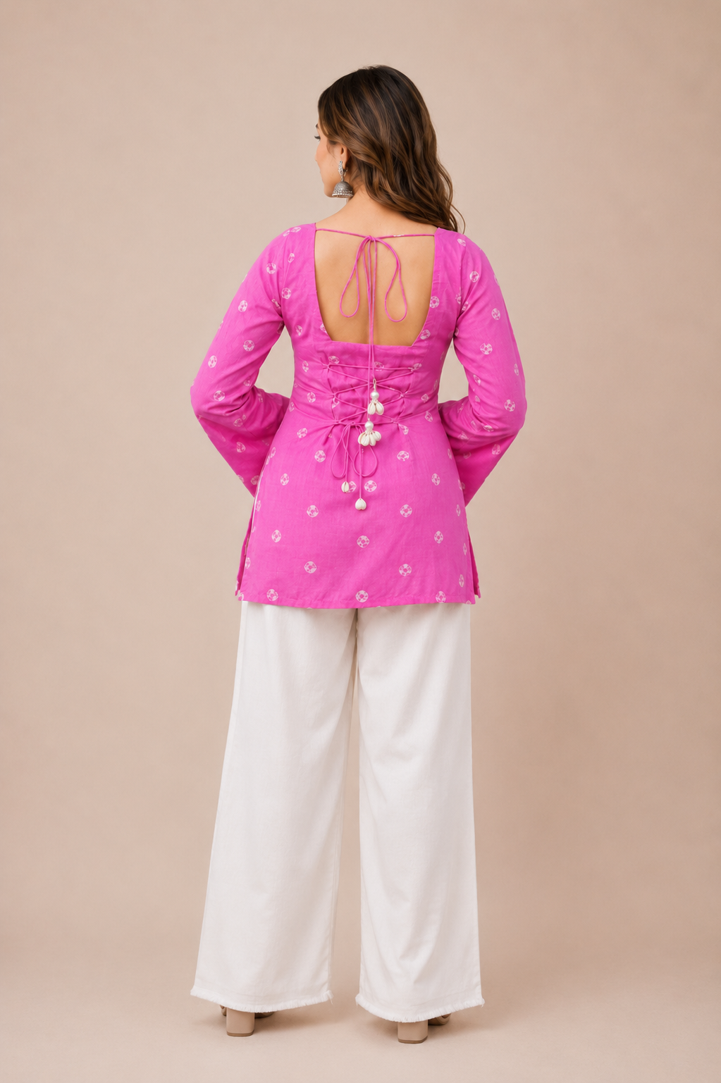 Women's Festive Pink Ethnic Kurti with White Print D77