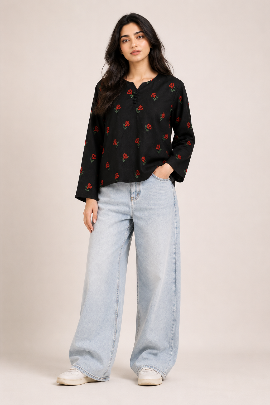 Black Long Sleeve Floral Cotton Tunic Top D75