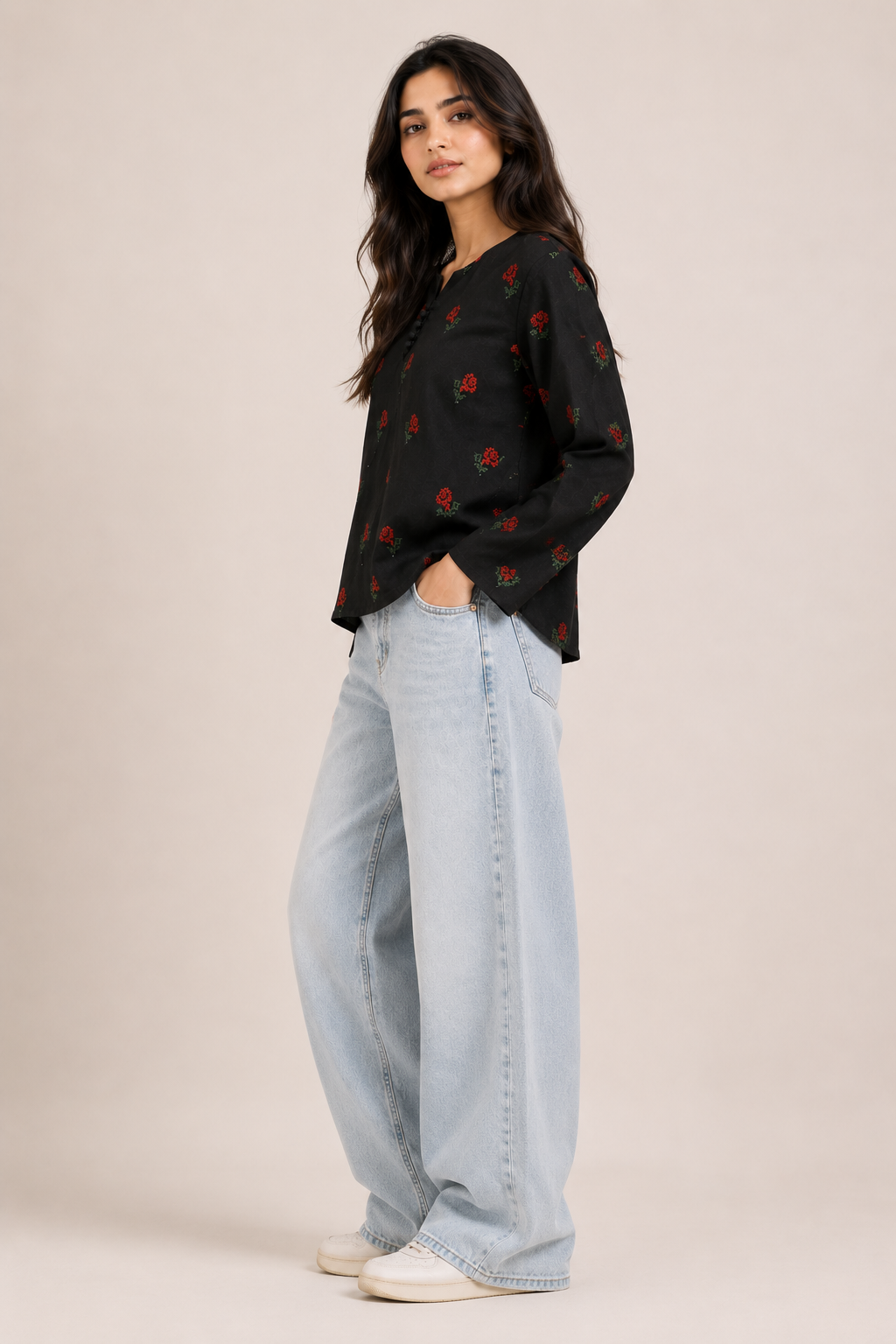 Black Long Sleeve Floral Cotton Tunic Top D75