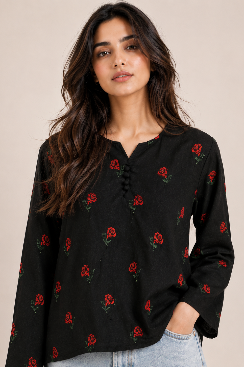 Black Long Sleeve Floral Cotton Tunic Top D75