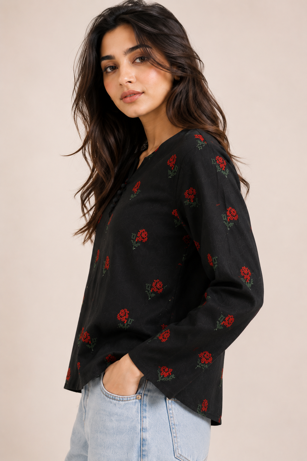 Black Long Sleeve Floral Cotton Tunic Top D75
