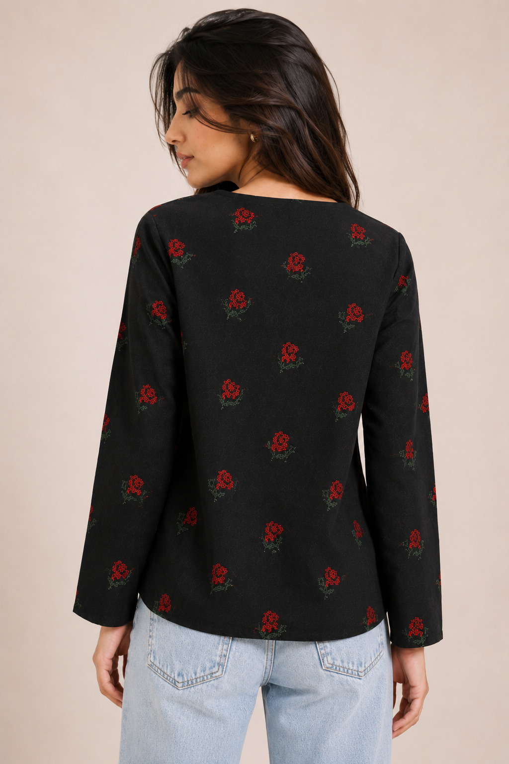 Black Long Sleeve Floral Cotton Tunic Top D75