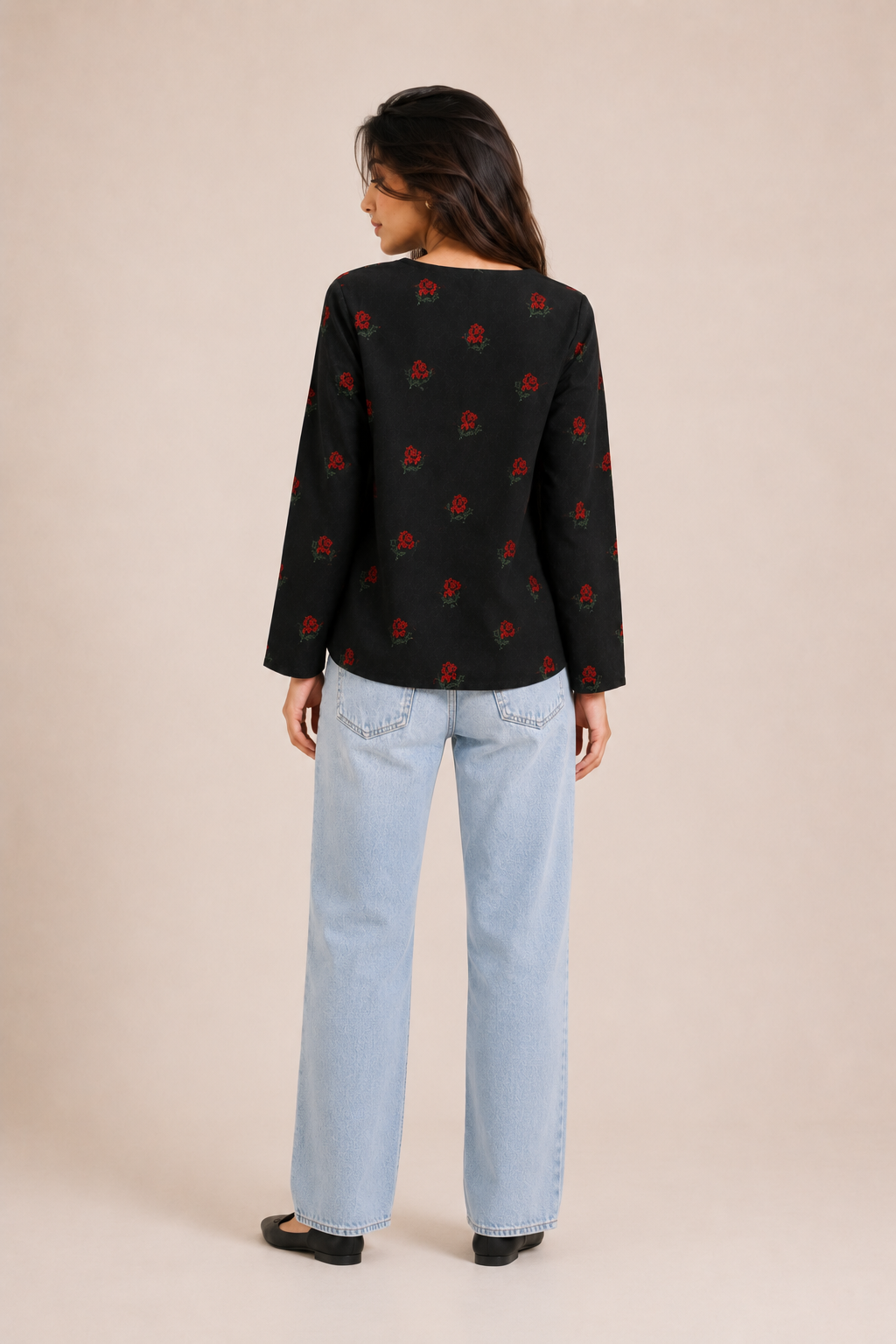 Black Long Sleeve Floral Cotton Tunic Top D75
