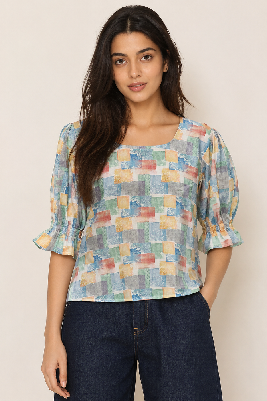Retro Geometric Square Neck Top D65
