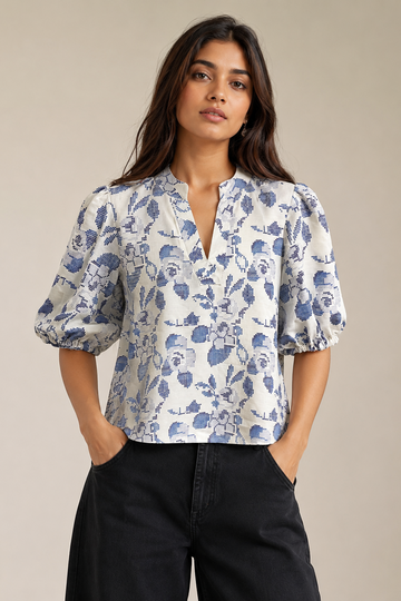 Printed Puff-Sleeve V-Neck Top D66
