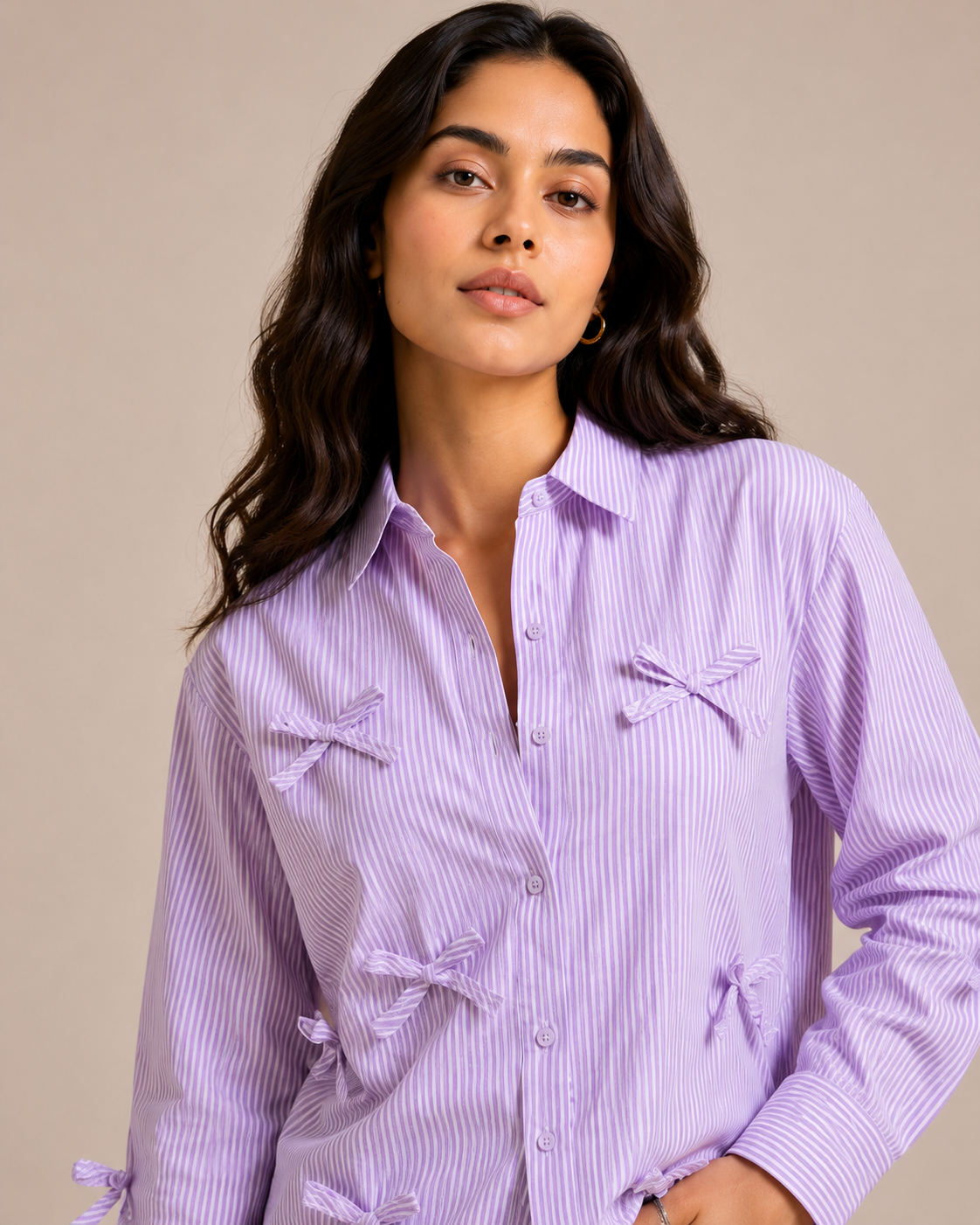 Lavender Striped Button-Down Shirt with Fabric Bows D68