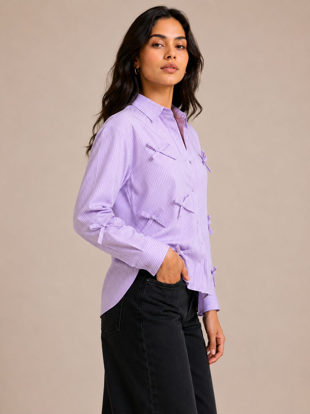 Lavender Striped Button-Down Shirt with Fabric Bows D68