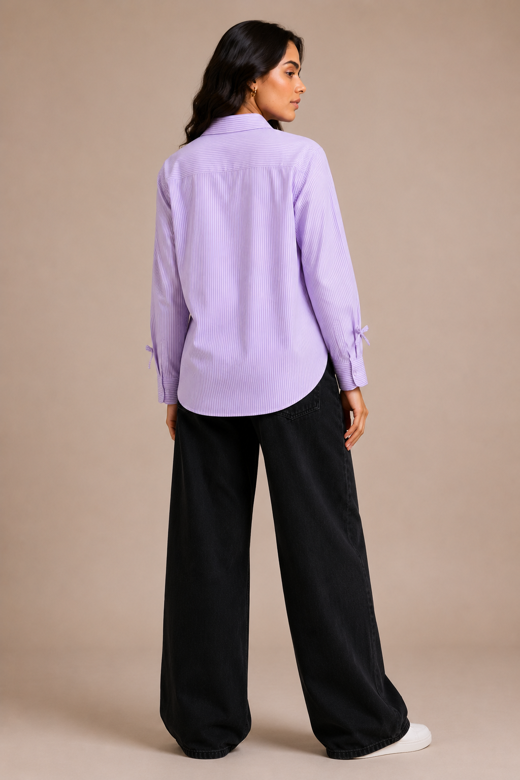 Lavender Striped Button-Down Shirt with Fabric Bows D68