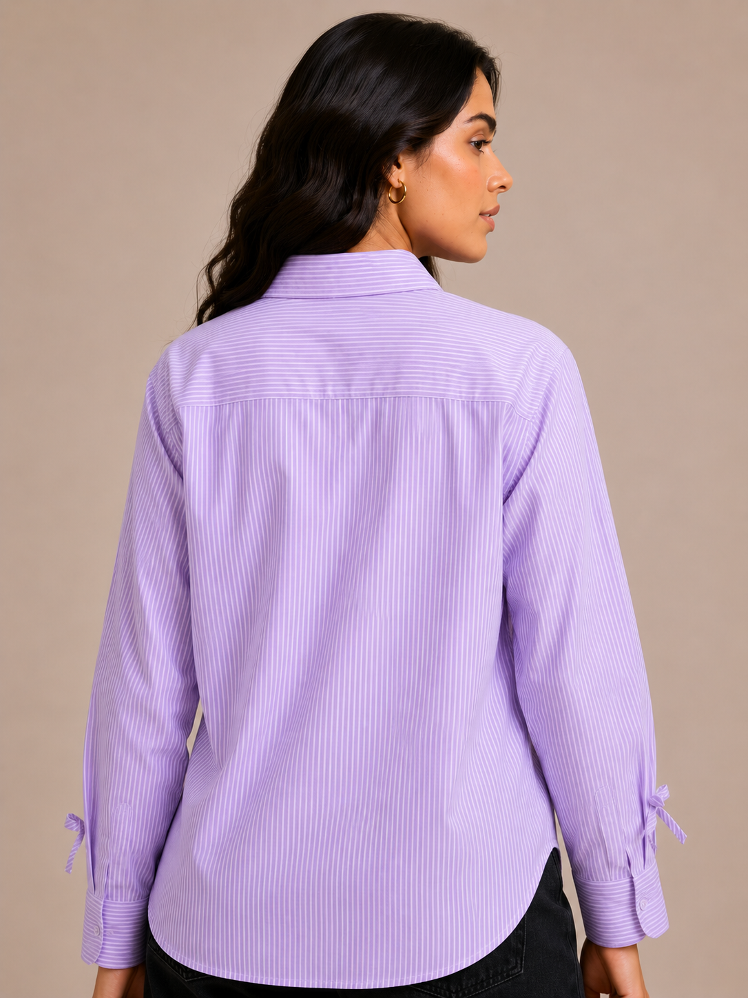 Lavender Striped Button-Down Shirt with Fabric Bows D68