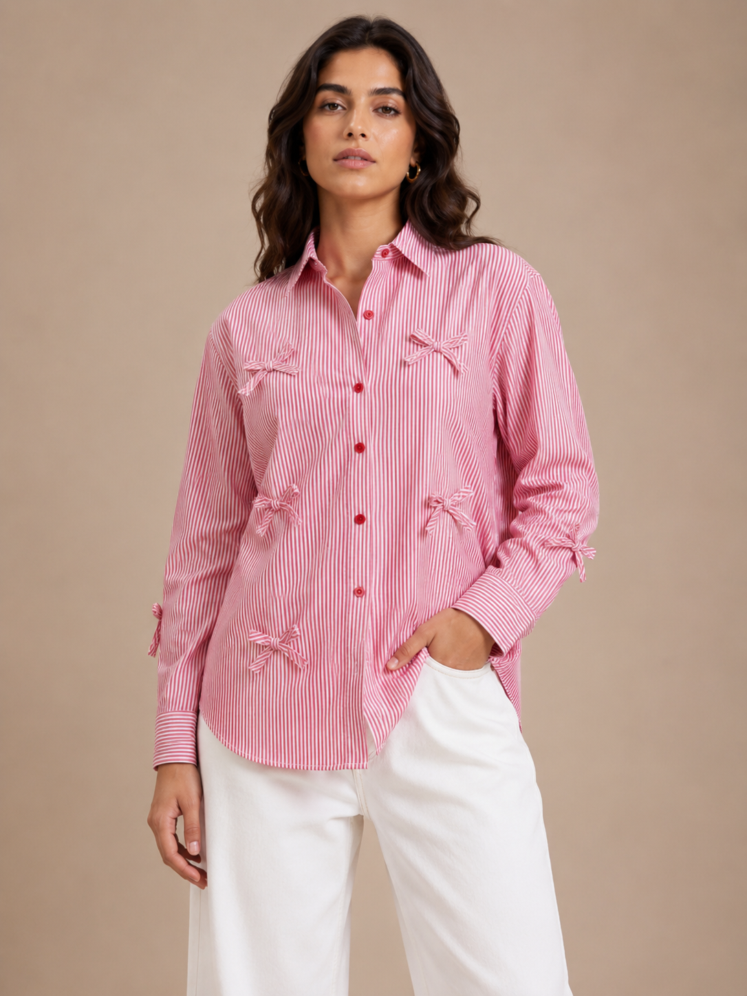 Rose Pinstripe Long Sleeve Shirt with Bow Appliques D69