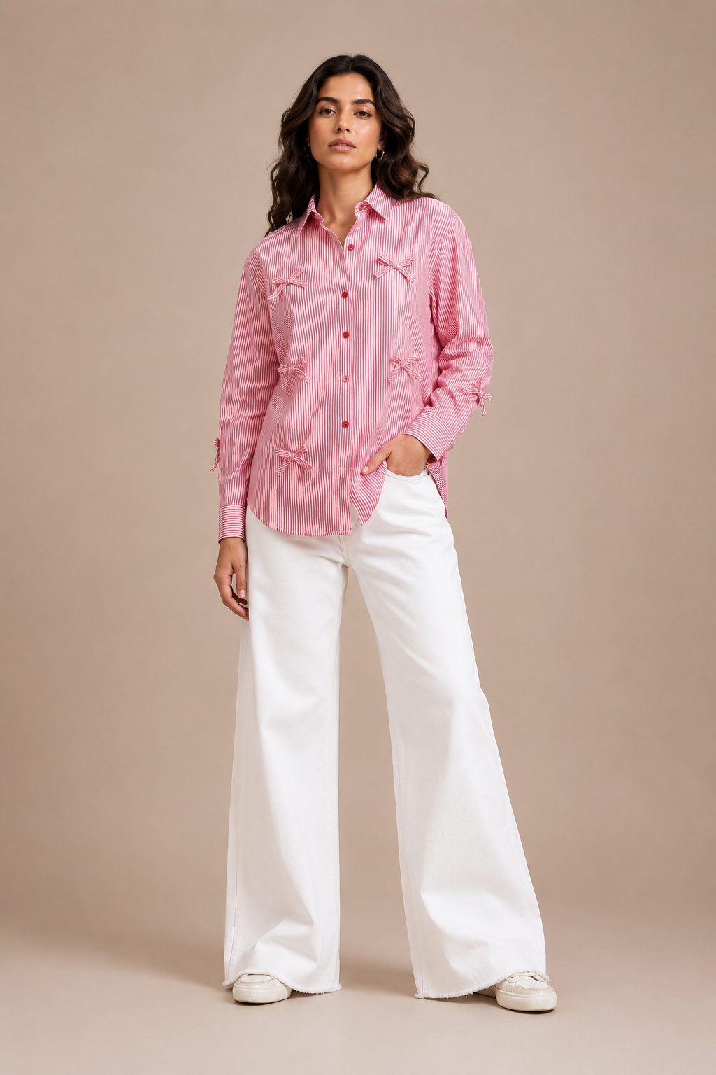 Rose Pinstripe Long Sleeve Shirt with Bow Appliques D69