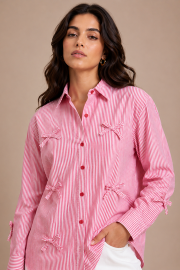 Rose Pinstripe Long Sleeve Shirt with Bow Appliques D69