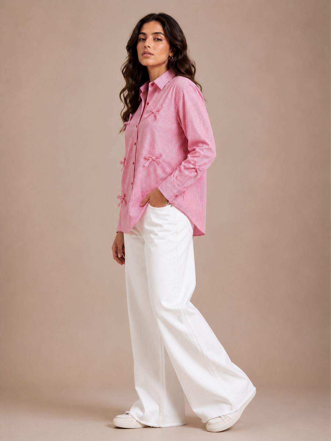 Rose Pinstripe Long Sleeve Shirt with Bow Appliques D69