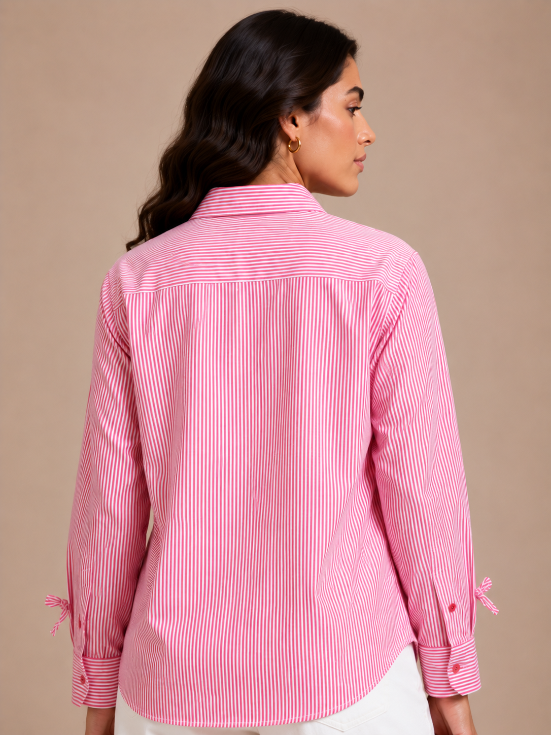 Rose Pinstripe Long Sleeve Shirt with Bow Appliques D69
