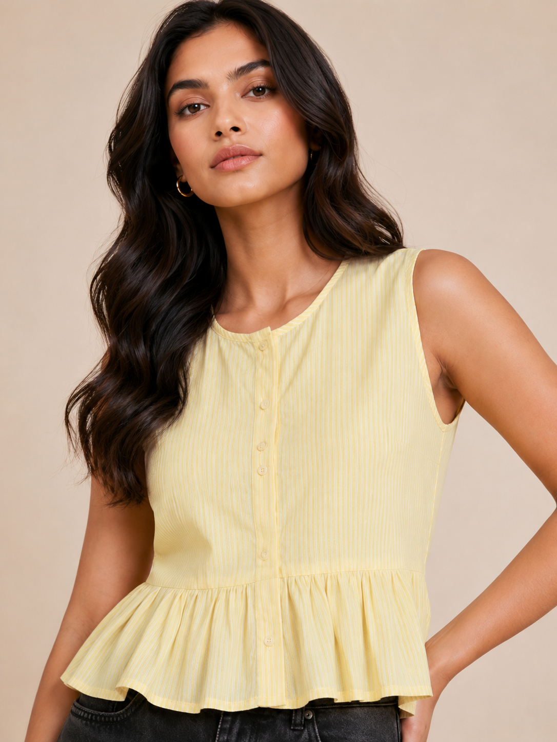Sleeveless Yellow Striped Henley Peplum Top D72
