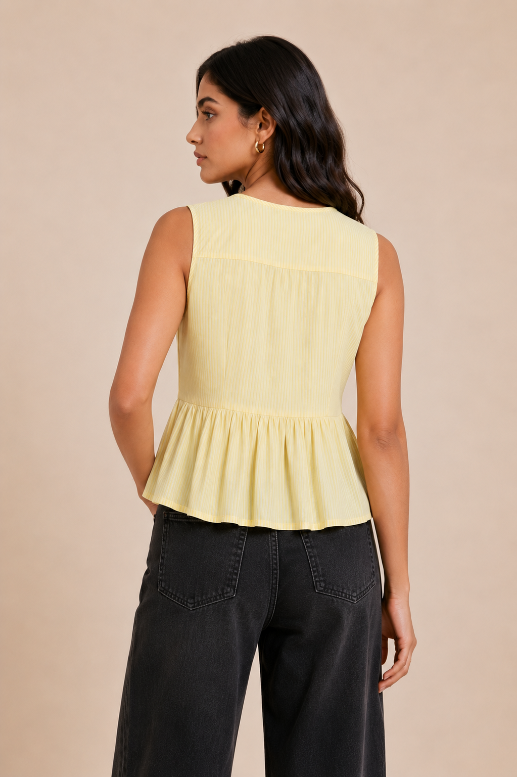 Sleeveless Yellow Striped Henley Peplum Top D72