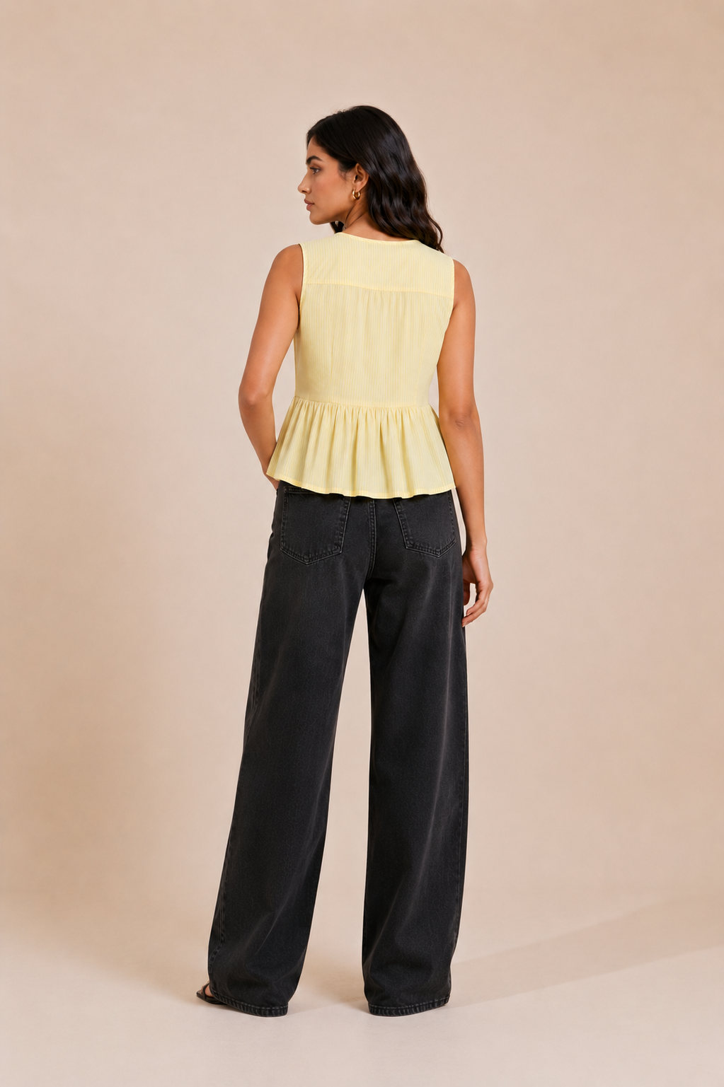 Sleeveless Yellow Striped Henley Peplum Top D72