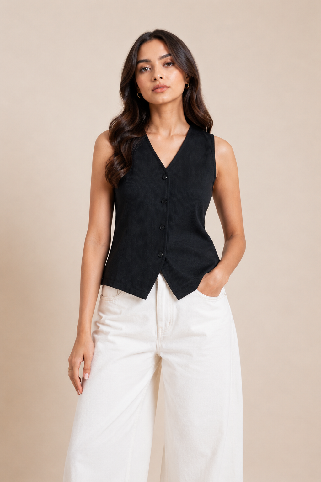Textured Black Sleeveless Button-Front Vest D73