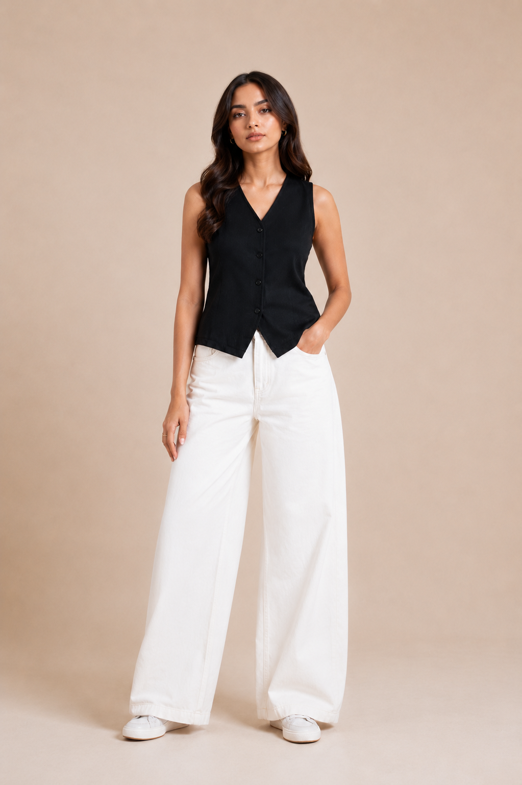 Textured Black Sleeveless Button-Front Vest D73