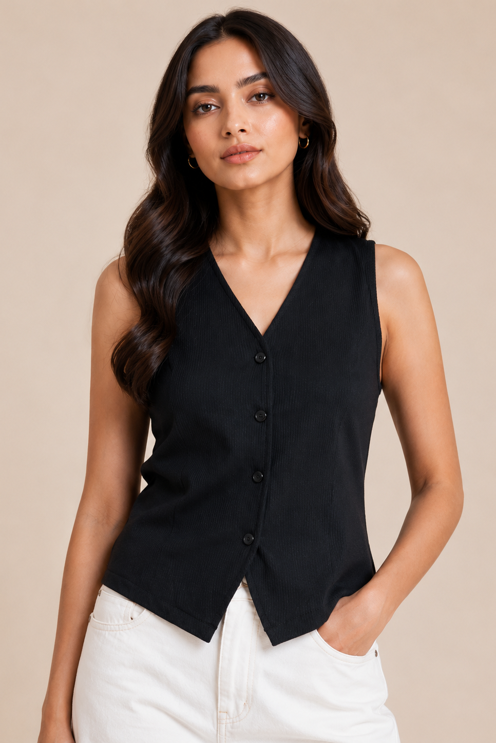 Textured Black Sleeveless Button-Front Vest D73