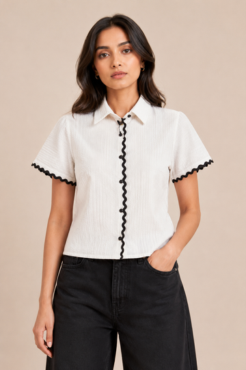 White Textured Button-Down Shirt with Black Ric-Rac Trim D70