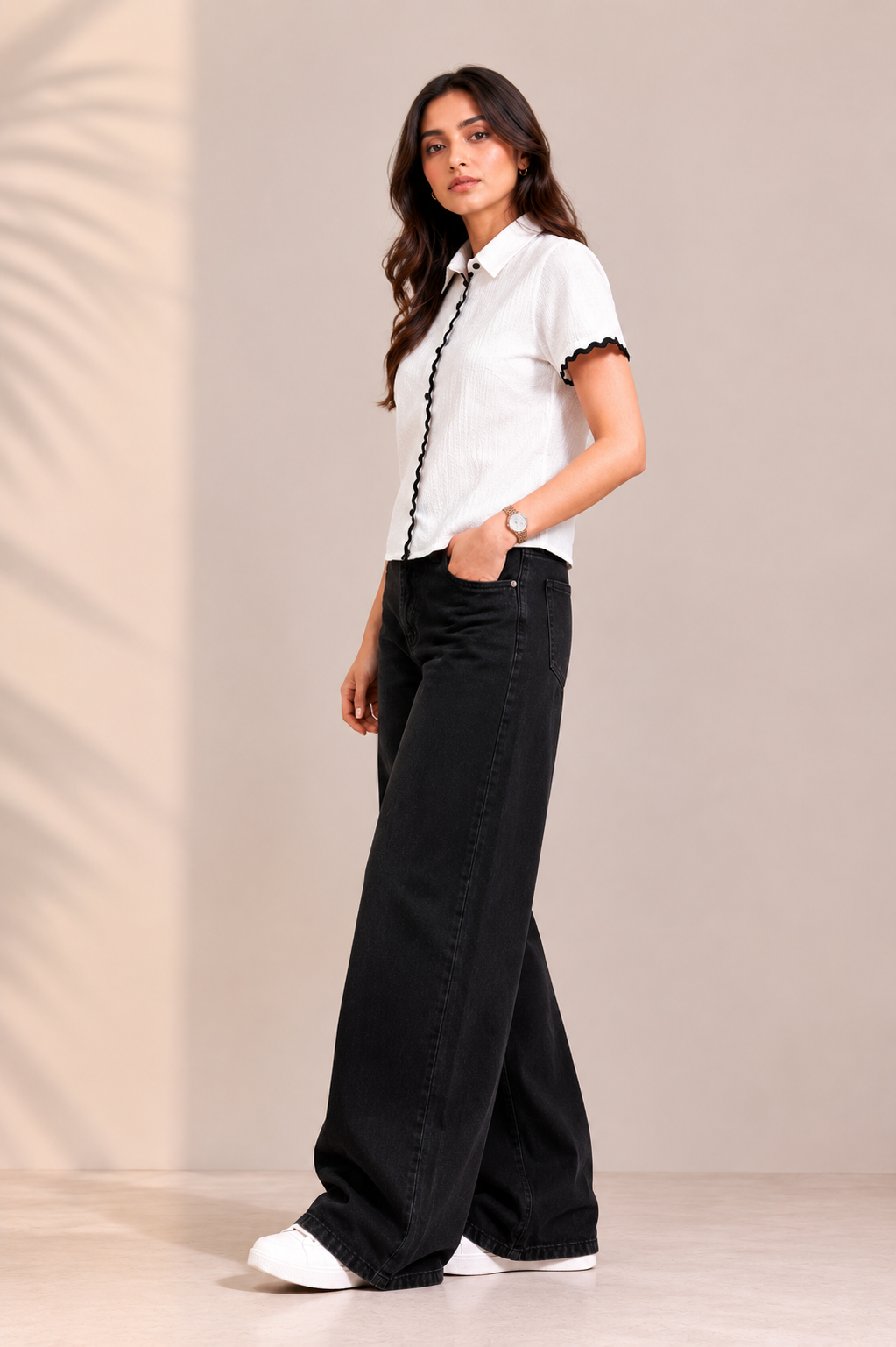 White Textured Button-Down Shirt with Black Ric-Rac Trim D70