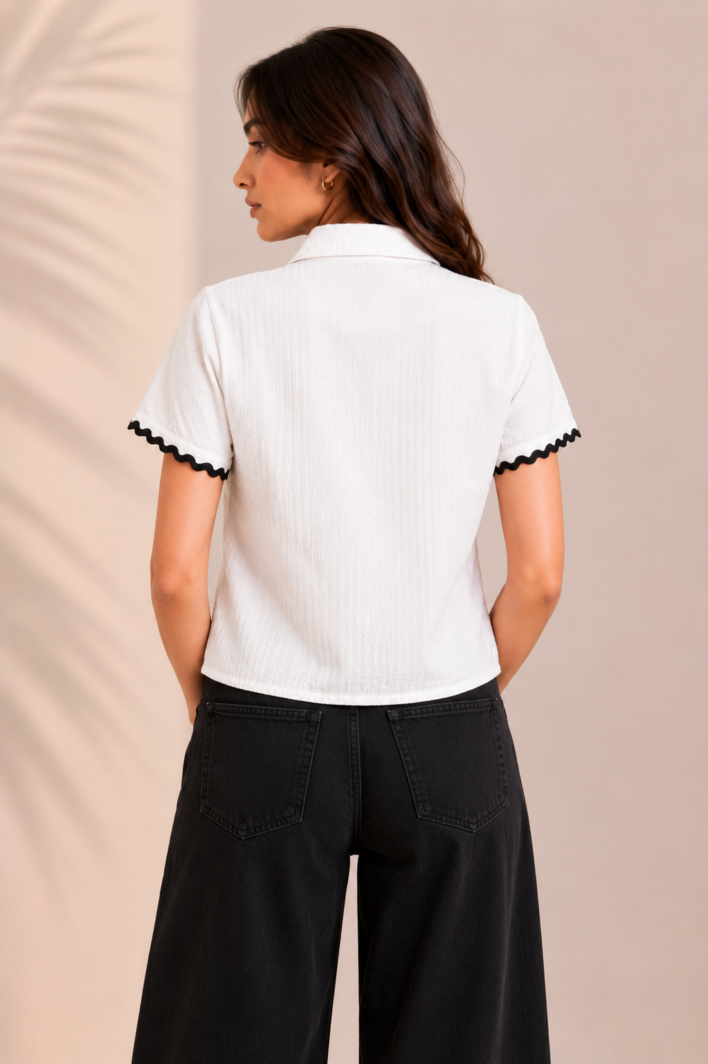 White Textured Button-Down Shirt with Black Ric-Rac Trim D70