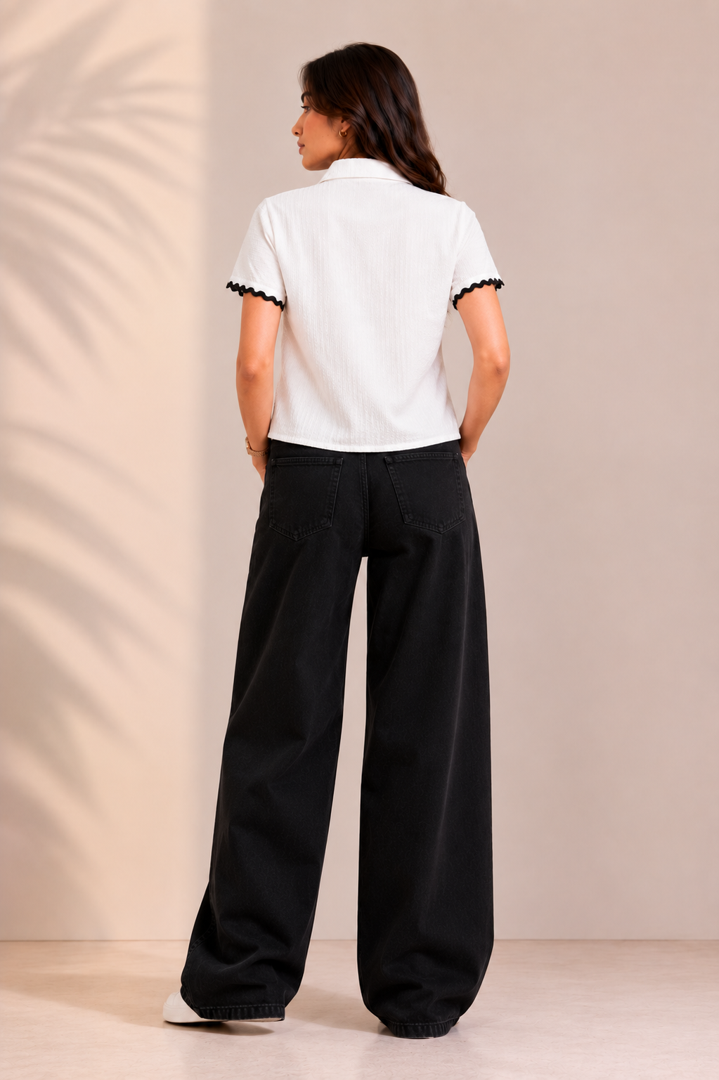 White Textured Button-Down Shirt with Black Ric-Rac Trim D70