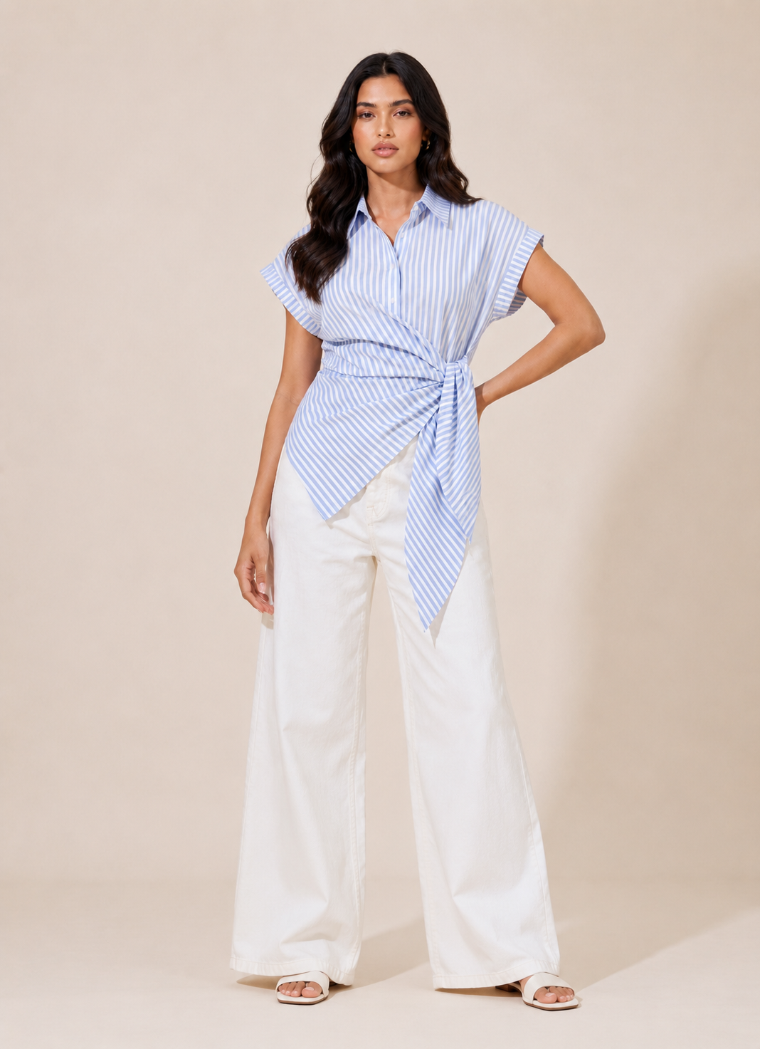 Blue and White Striped Short Sleeve Wrap Top with Collar D71