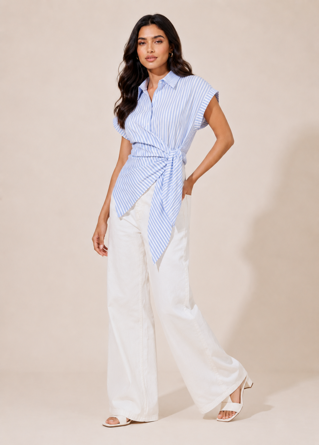 Blue and White Striped Short Sleeve Wrap Top with Collar D71