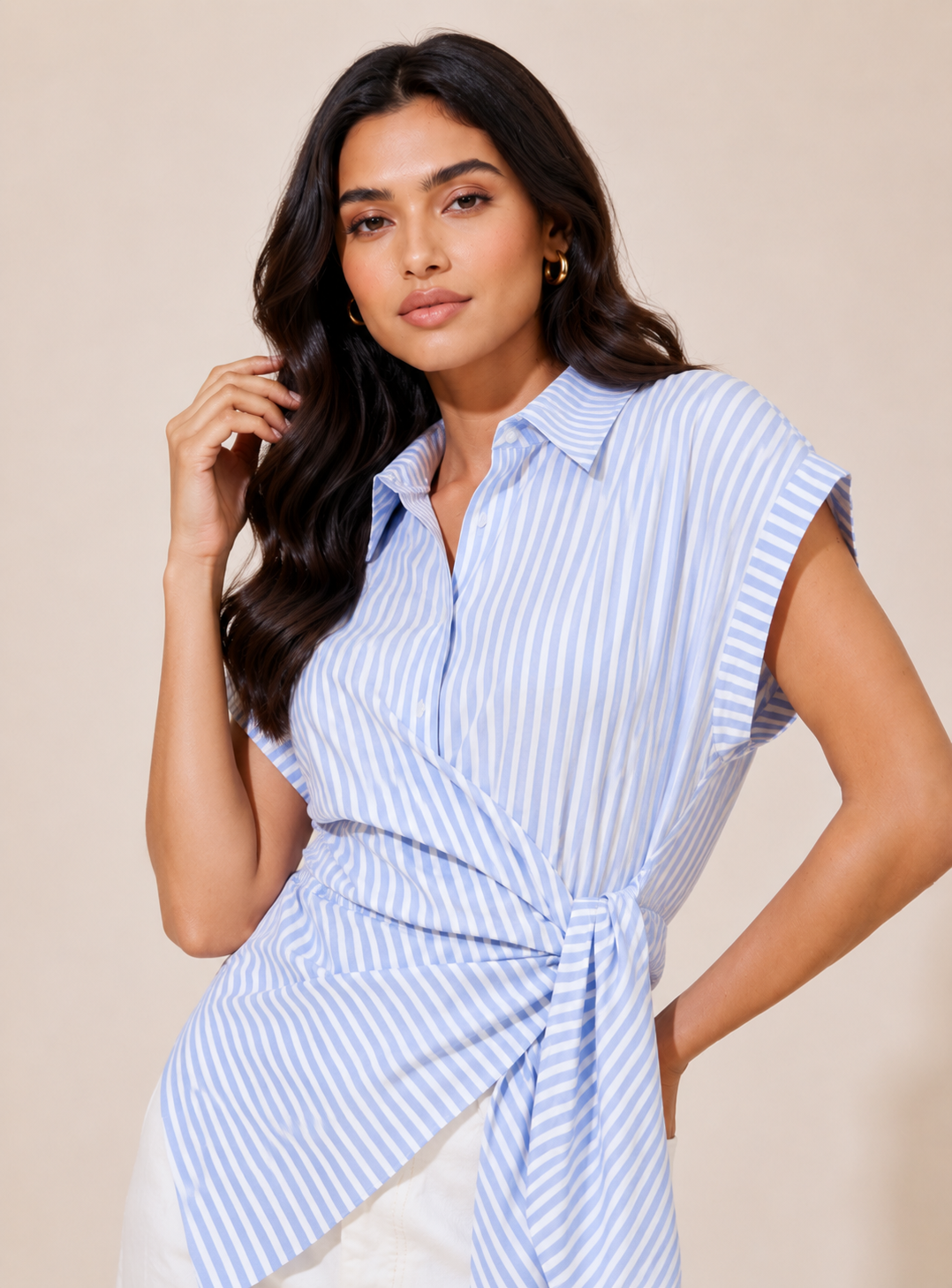 Blue and White Striped Short Sleeve Wrap Top with Collar D71