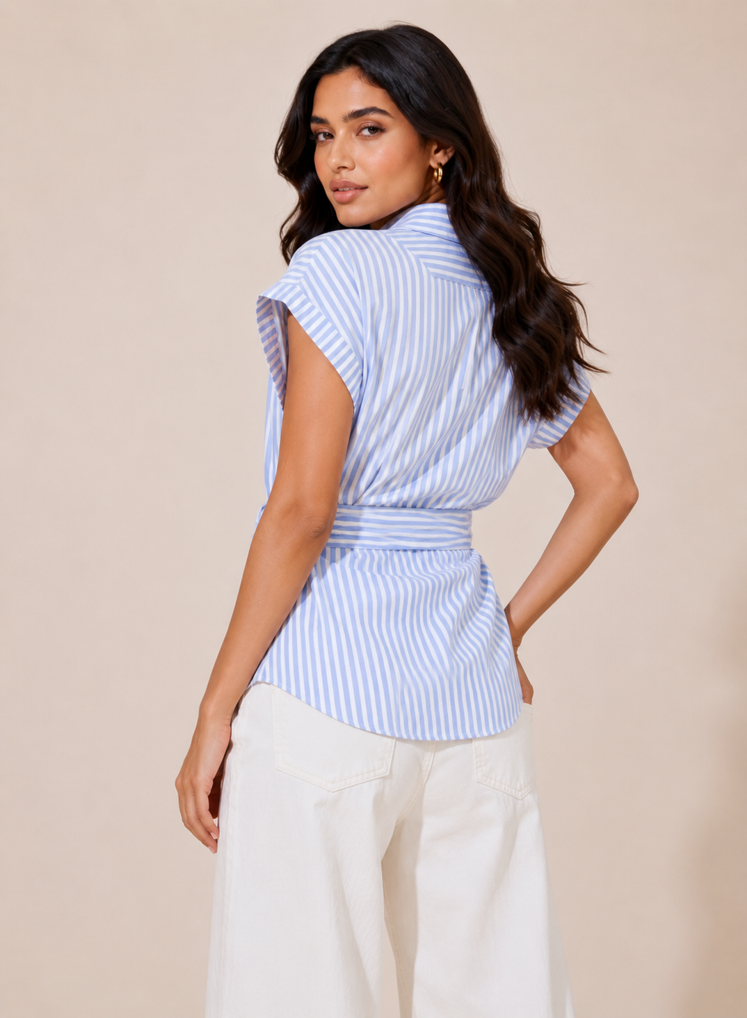 Blue and White Striped Short Sleeve Wrap Top with Collar D71