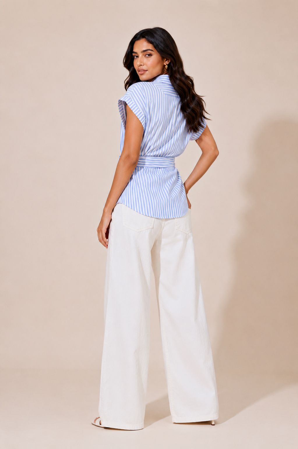 Blue and White Striped Short Sleeve Wrap Top with Collar D71