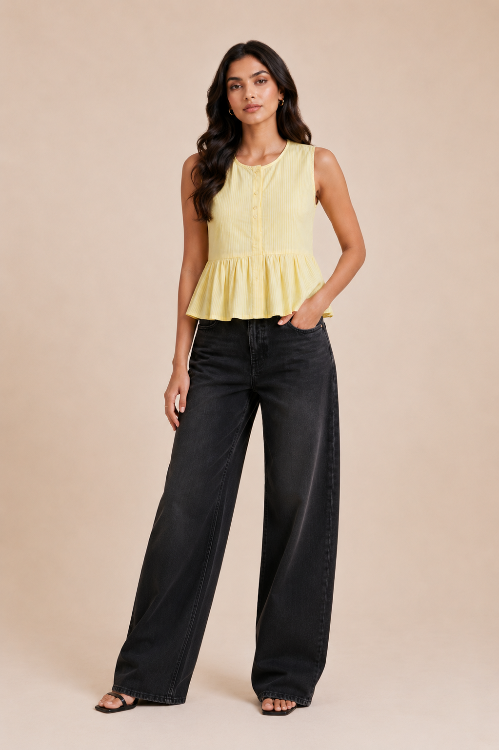 Sleeveless Yellow Striped Henley Peplum Top D72