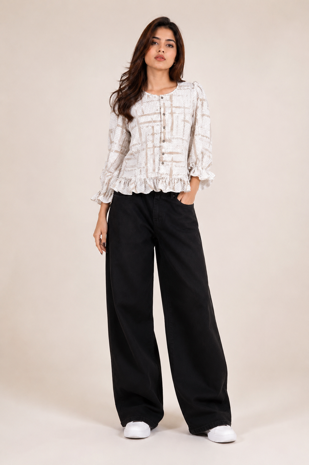 Neutral Grid Ruffle Kurti D64