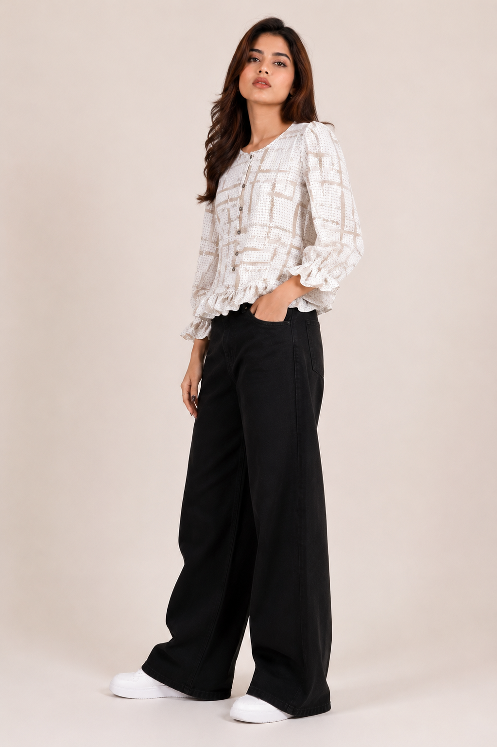 Neutral Grid Ruffle Kurti D64