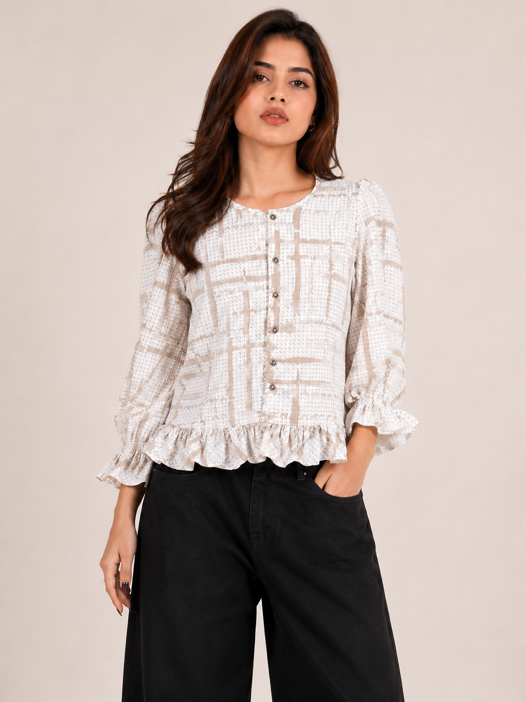 Neutral Grid Ruffle Kurti D64
