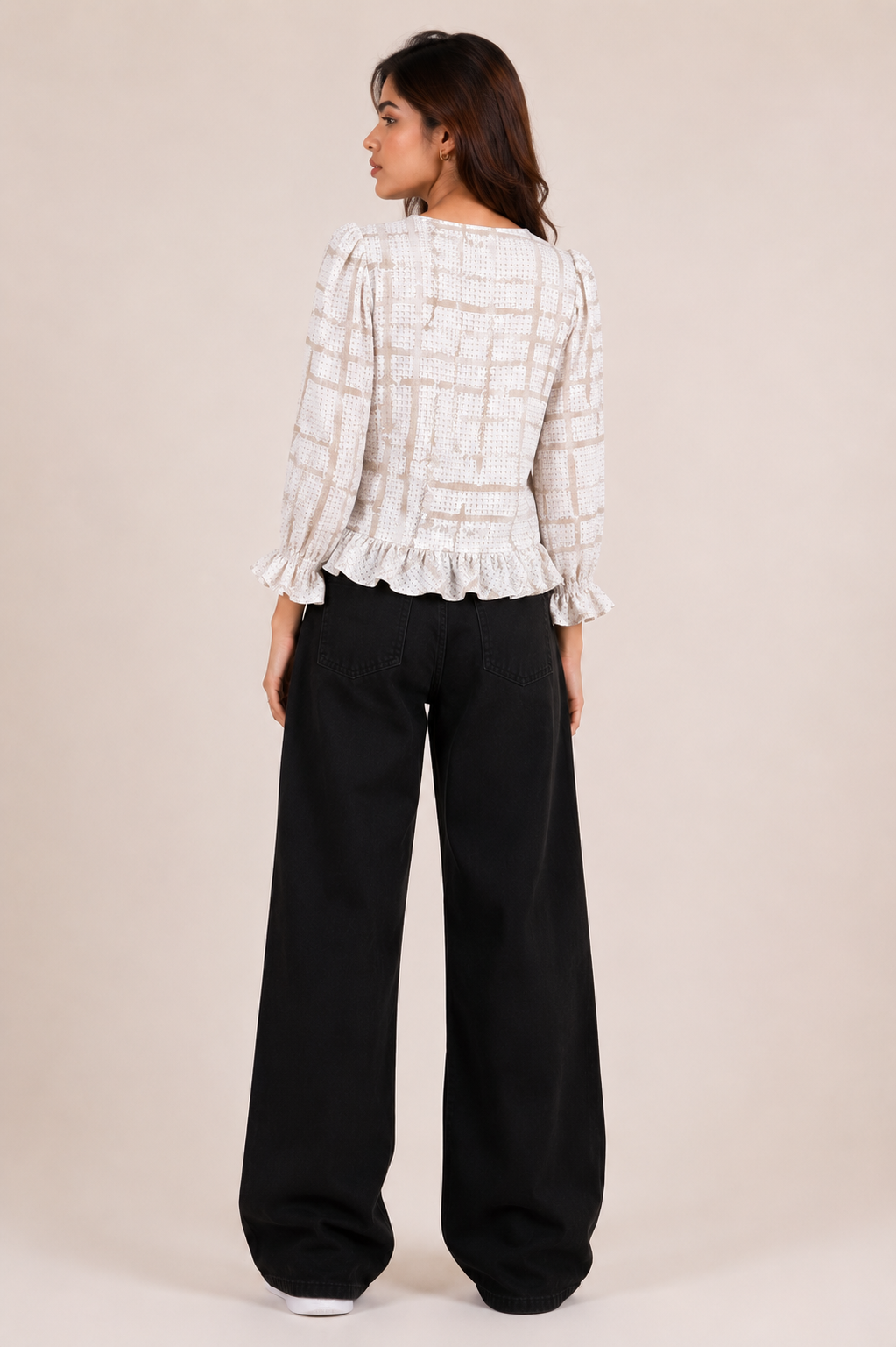 Neutral Grid Ruffle Kurti D64