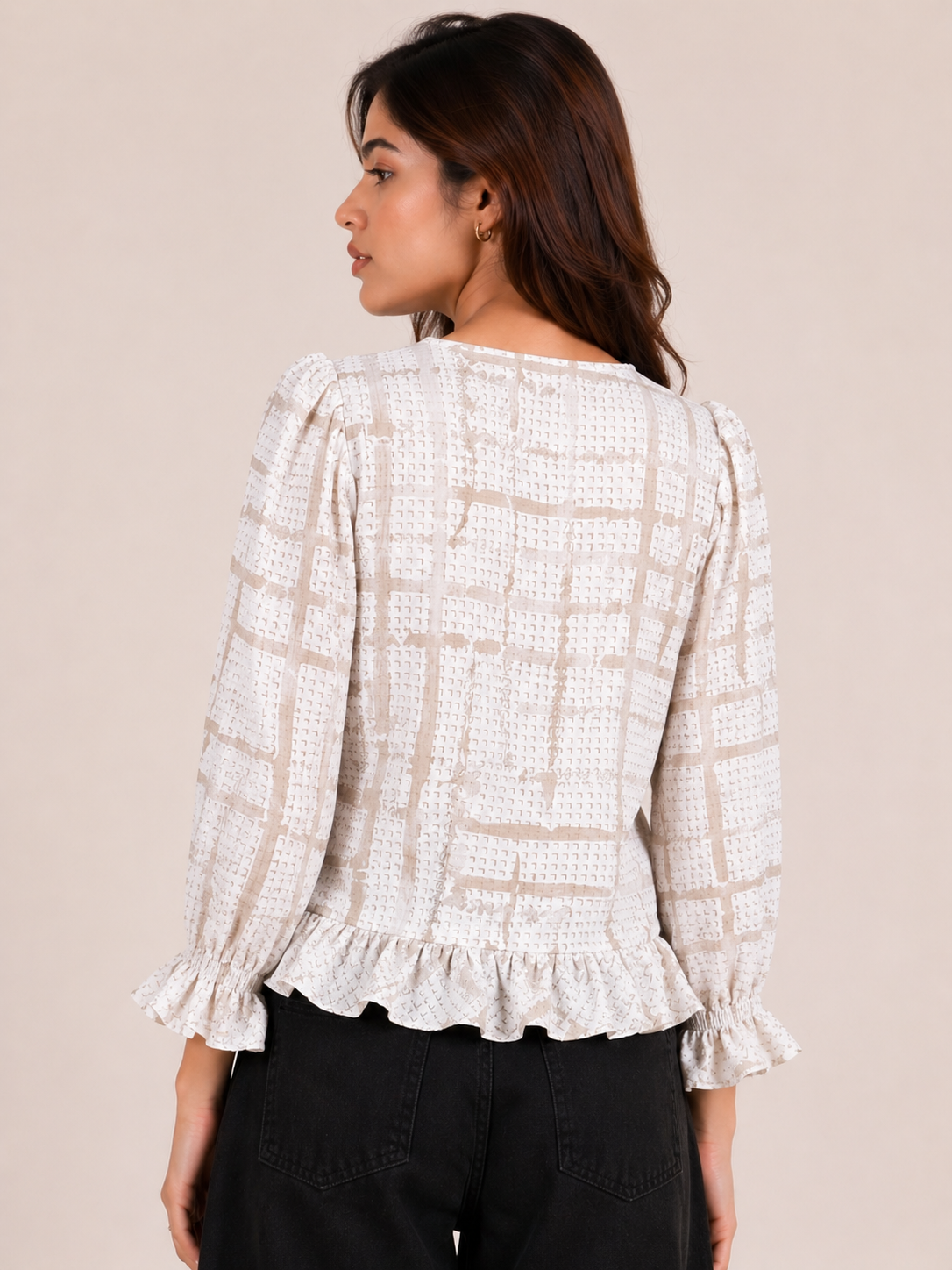 Neutral Grid Ruffle Kurti D64