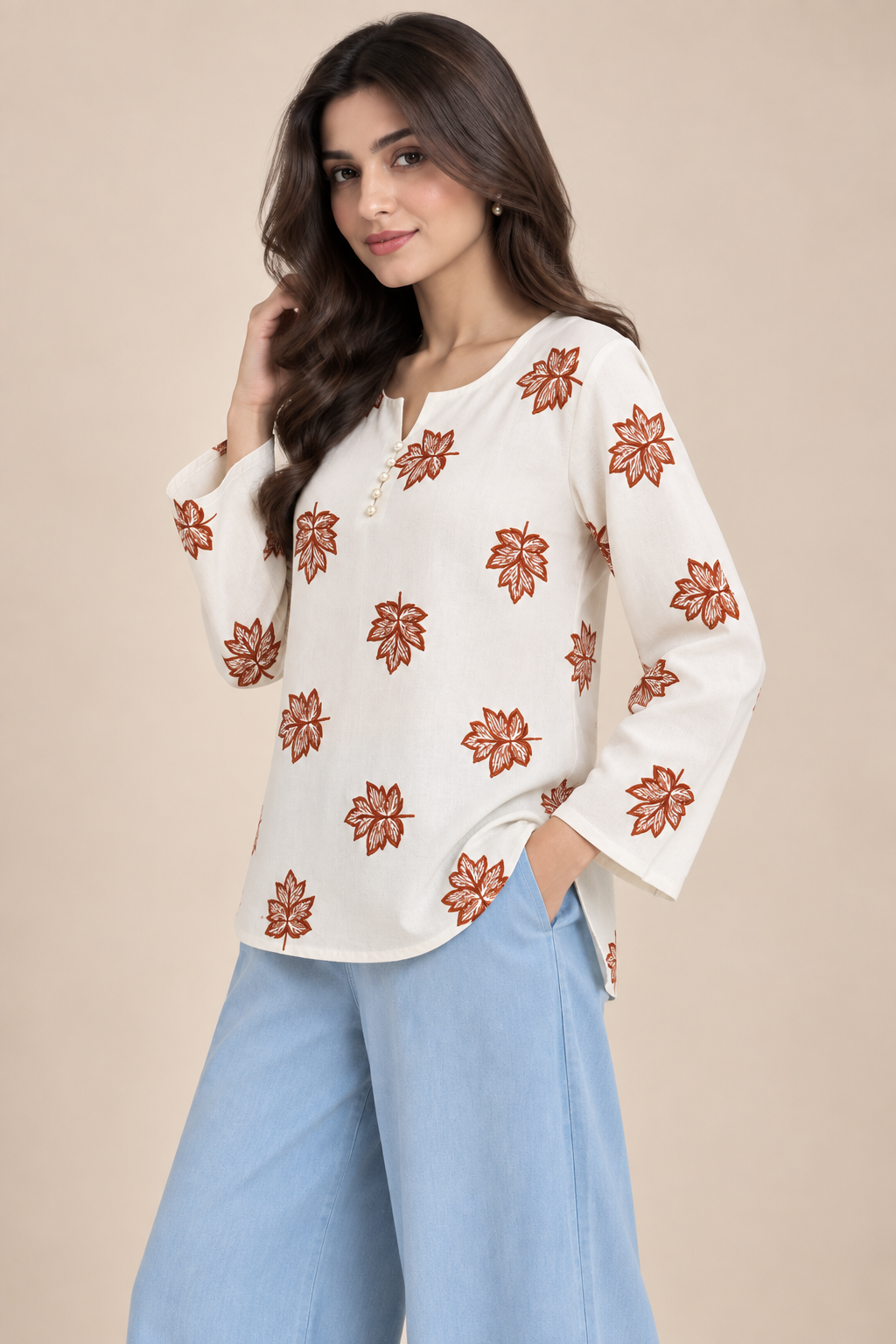 White Floral Printed Round Neck Top D84