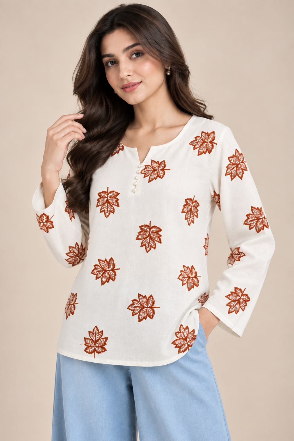 White Floral Printed Round Neck Top D84