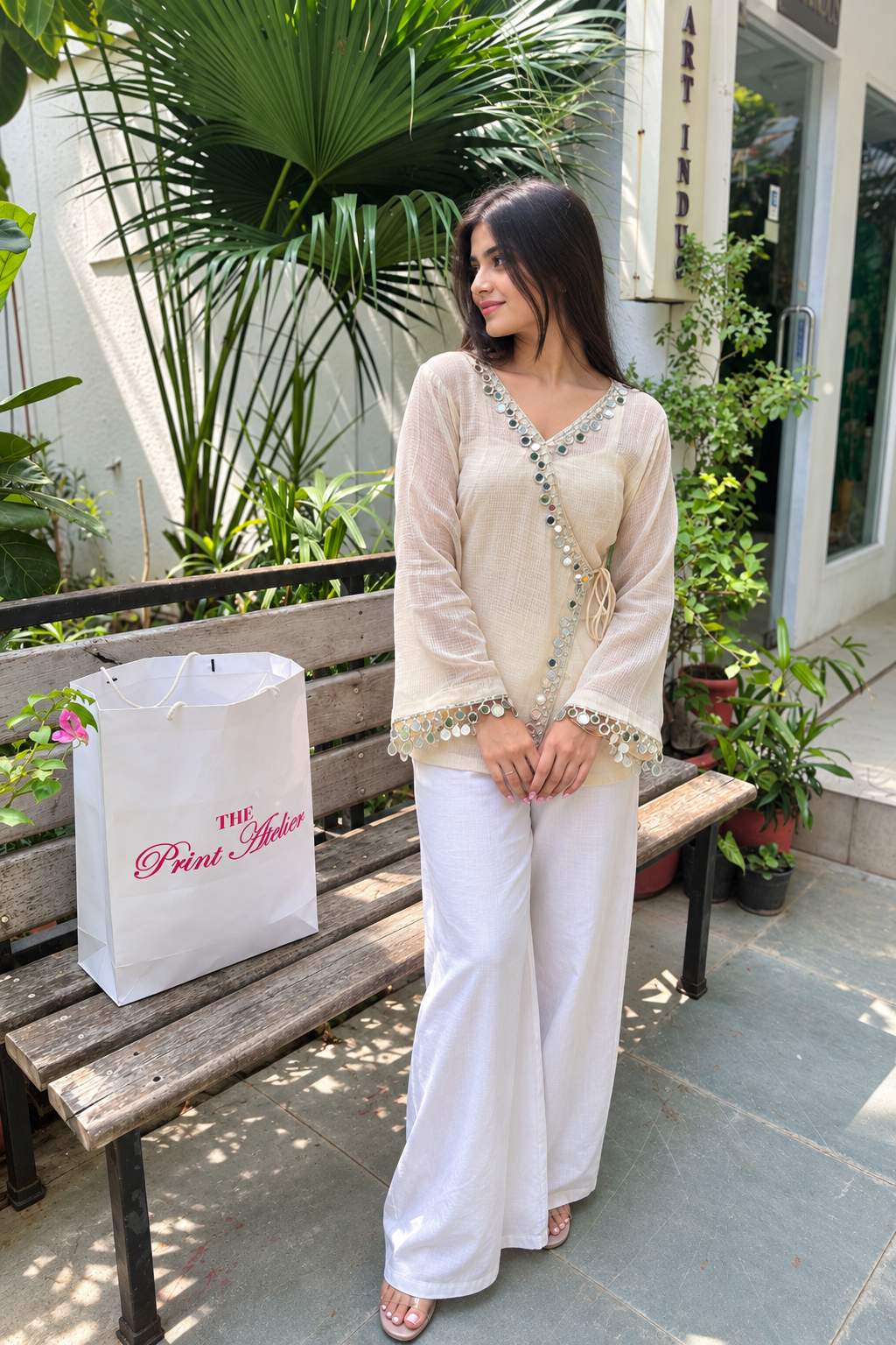 Beige Kota Check V-Neck Mirror Work Top for Women D91