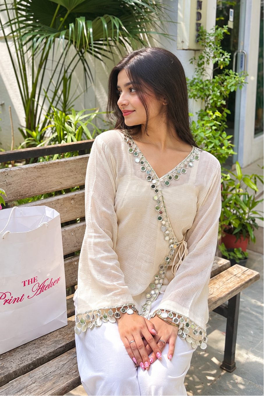 Beige Kota Check V-Neck Mirror Work Top for Women D91