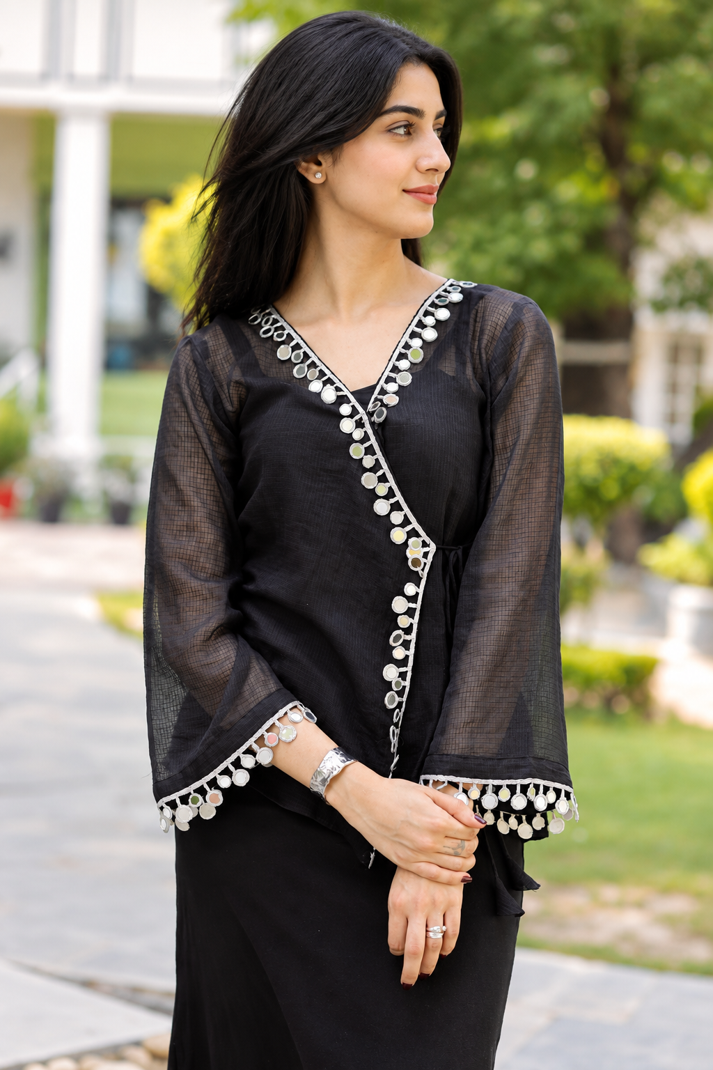 Women's Black Kota Check Mirror Work Wrap Top | Stylish Party Wear Top D90