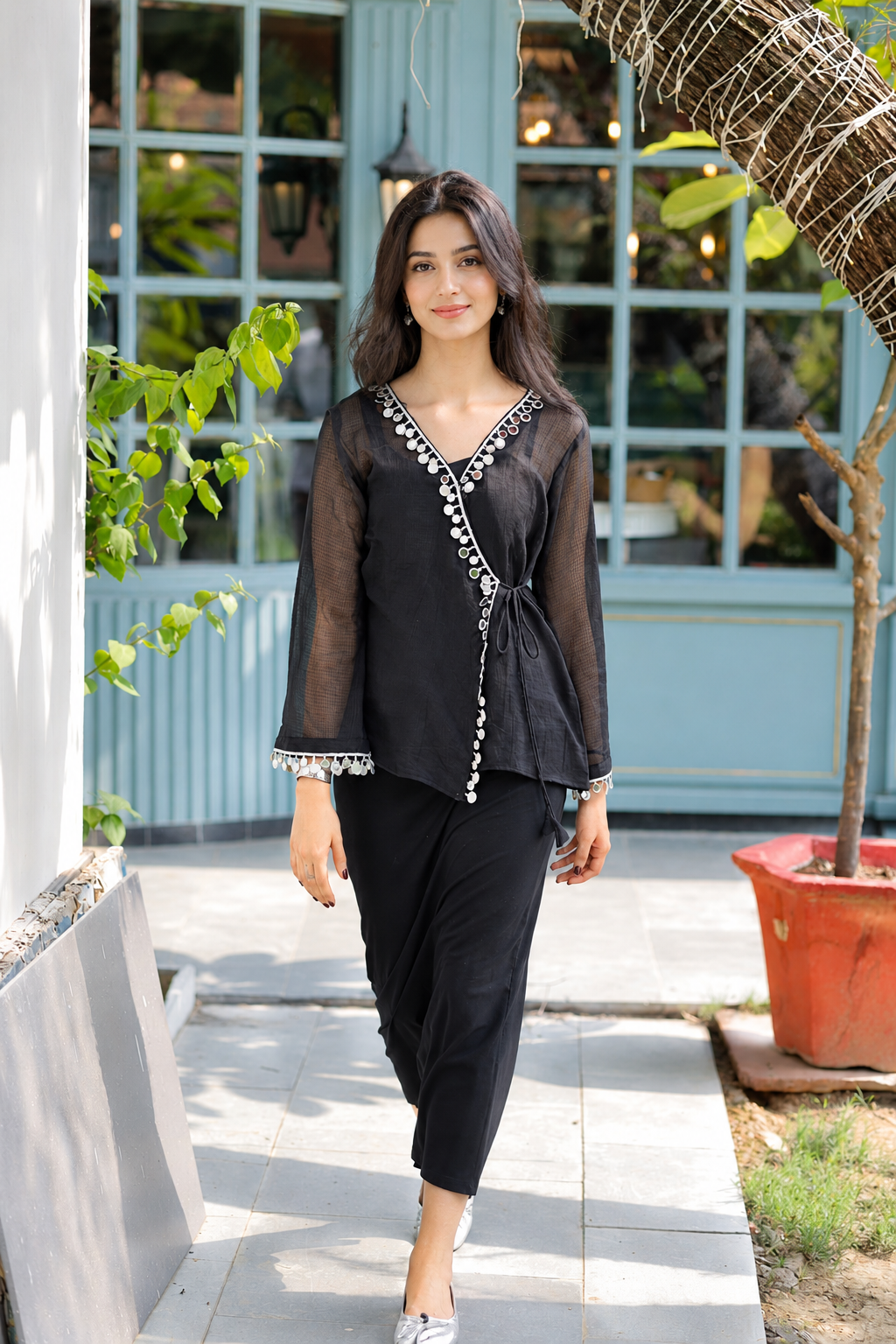 Women's Black Kota Check Mirror Work Wrap Top | Stylish Party Wear Top D90